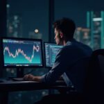 Photorealistic trader at a modern desk, monitoring BTC and ETH charts with a subtle blockchain glow.