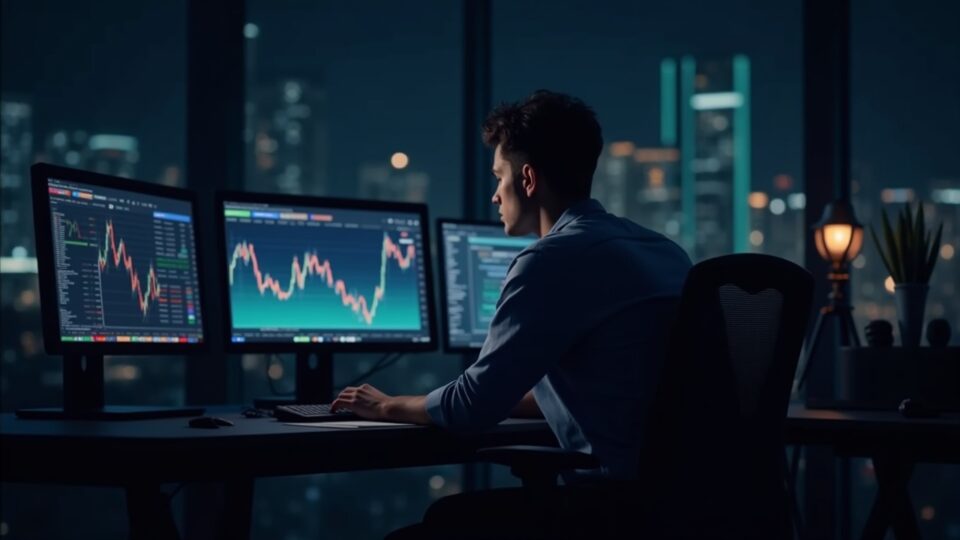 Photorealistic trader at a modern desk, monitoring BTC and ETH charts with a subtle blockchain glow.