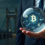 Photo-realistic legislator holding a crystal ball with crypto logos, charts, and a parliament backdrop.