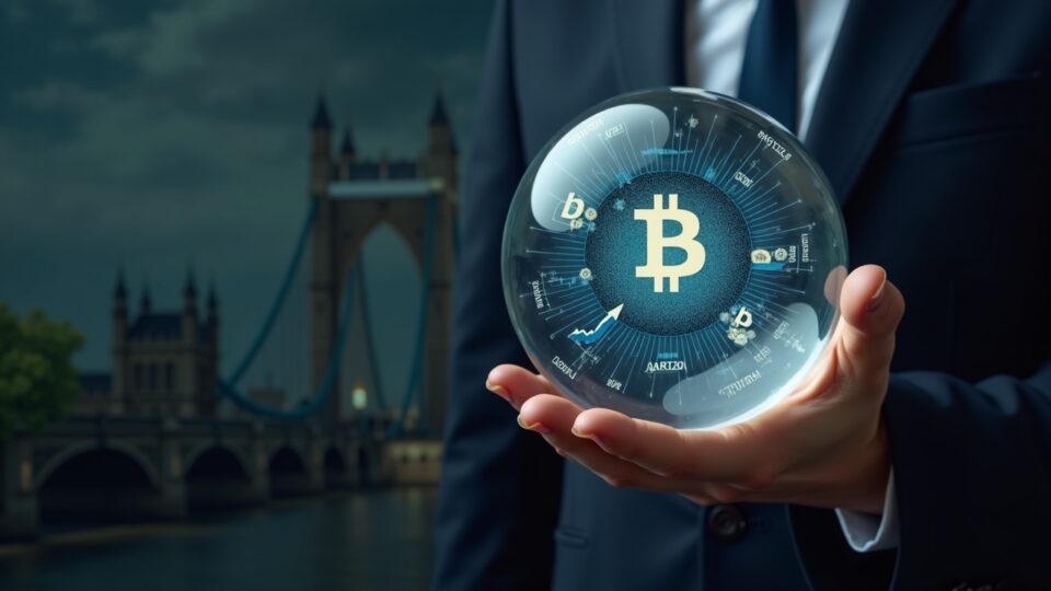 Photo-realistic legislator holding a crystal ball with crypto logos, charts, and a parliament backdrop.