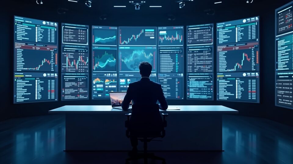 Photorealistic newsroom with a crypto trader at a sleek desk, screens show prediction market charts and blockchain ledgers.