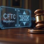 Close-up of a gavel in a congressional chamber with holographic crypto icons and CFTC/FDIC logos.