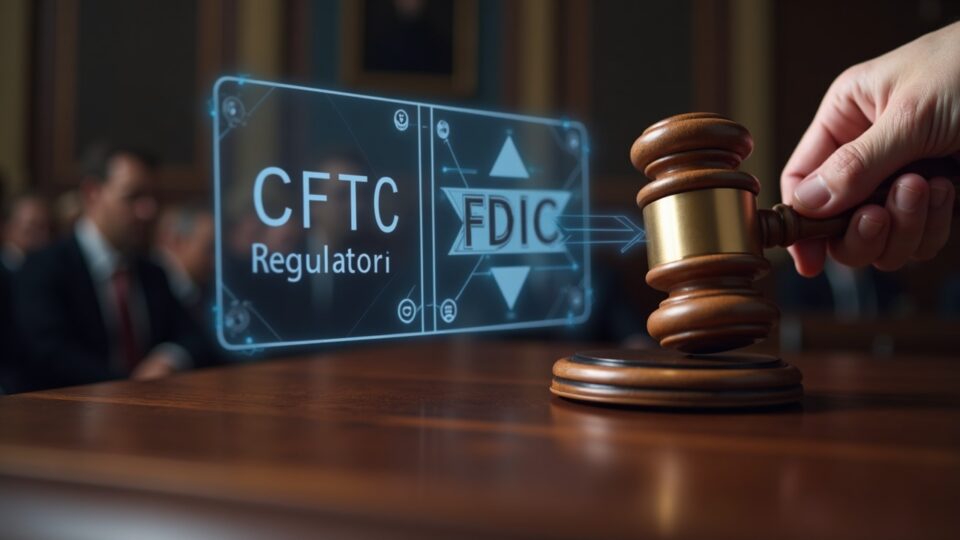 Close-up of a gavel in a congressional chamber with holographic crypto icons and CFTC/FDIC logos.