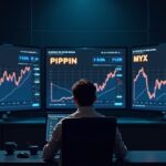 Photorealistic trader watches glowing LEO, PIPPIN, and MYX tickers with rising arrows on a large monitor.