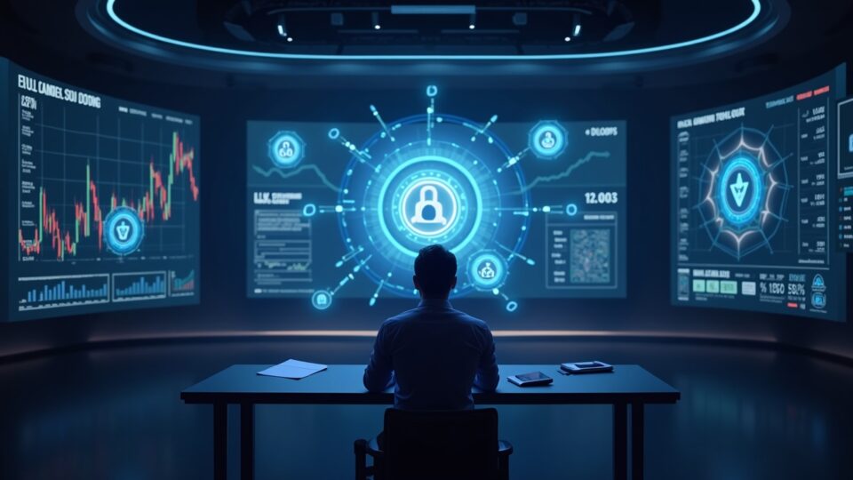 Photorealistic crypto newsroom with a central analyst as HYPE, SUI, and EIGEN unlock on countdown dates, over market charts.