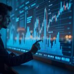 Photorealistic trader reviewing glowing crypto charts on a translucent screen, with a city skyline and AI signals.