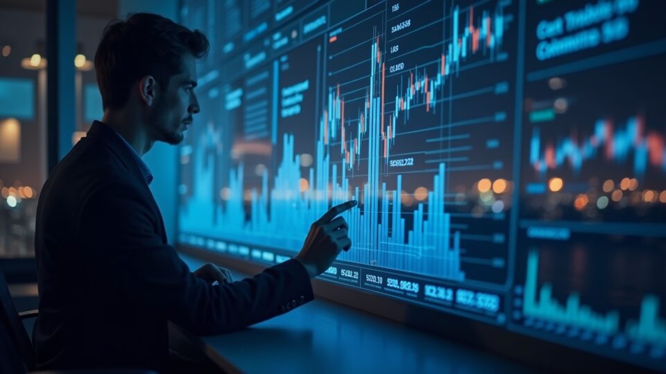 Photorealistic trader reviewing glowing crypto charts on a translucent screen, with a city skyline and AI signals.