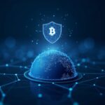Photorealistic data center with a Cryptomixer server, glowing Bitcoin, Police badge overlay, and globe-network lines.
