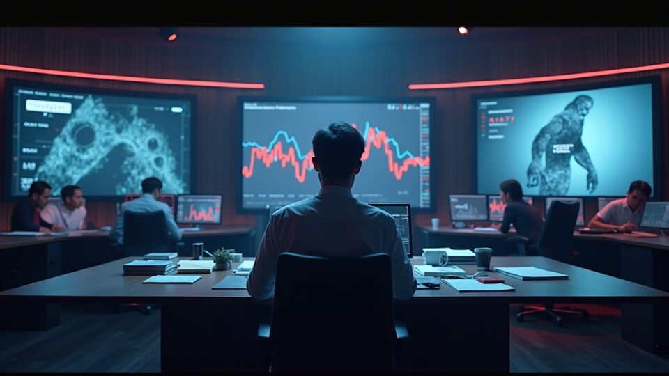 Photorealistic newsroom with CZ at center, screens show ASTER surge and a faded counterfeit SEC S-1 form.