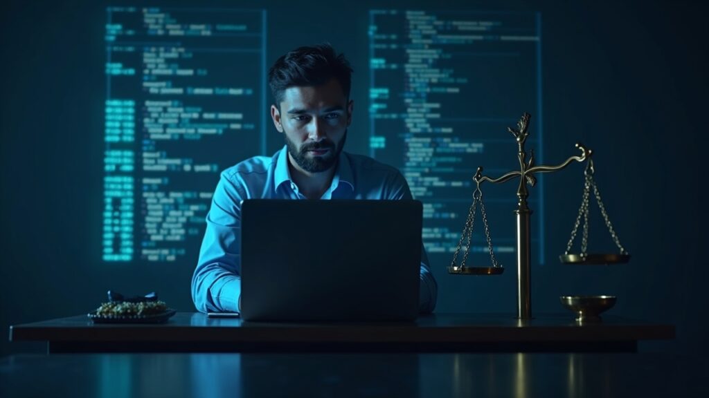Photorealistic coder at a desk with DeFi code holograms and scales of justice in the background.