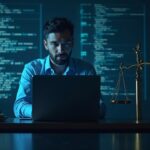 Photorealistic coder at a desk with DeFi code holograms and scales of justice in the background.