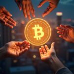 Close-up of a glowing blockchain token symbolizing tokenized real assets, with diverse hands and a city skyline.
