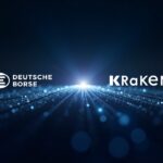 Photorealistic header with Deutsche Börse and Kraken logos linked by a glowing bridge over a digital market network.