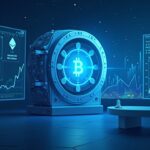 Futuristic newsroom scene with a transparent digital vault, BTC/ETH logos, rising charts, and a suited investor under blue glow.