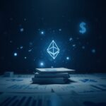 Photorealistic center-shot of a digital asset treasury desk with crypto charts, regulatory documents, and Ethereum/XRP symbols.