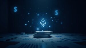 Photorealistic center-shot of a digital asset treasury desk with crypto charts, regulatory documents, and Ethereum/XRP symbols.