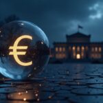 Glowing euro symbol inside a glass sphere with circuit textures and a European Parliament silhouette.