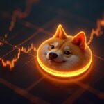 Photorealistic Dogecoin coin breaking above a rising crypto chart with a newsroom backdrop