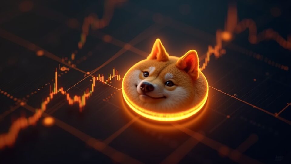 Photorealistic Dogecoin coin breaking above a rising crypto chart with a newsroom backdrop