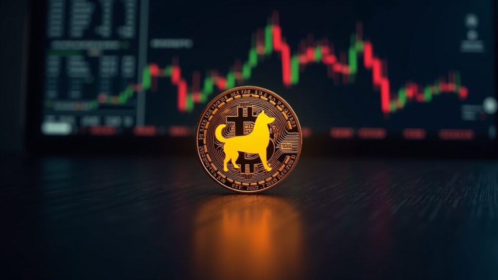 Photorealistic Dogecoin coin over a glowing price chart in a high-tech newsroom, showing a descending channel and EMA resistance near 0.14.