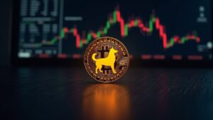 Photorealistic Dogecoin coin over a glowing price chart in a high-tech newsroom, showing a descending channel and EMA resistance near 0.14.