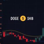 Photorealistic trading desk with DOGE and SHIB logos on a price chart breaking key support, with red candles.