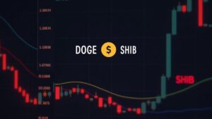 Photorealistic trading desk with DOGE and SHIB logos on a price chart breaking key support, with red candles.