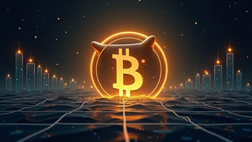 Photorealistic header with a giant whale silhouette behind a glowing Dogecoin logo, rising price bars, and a blockchain grid.