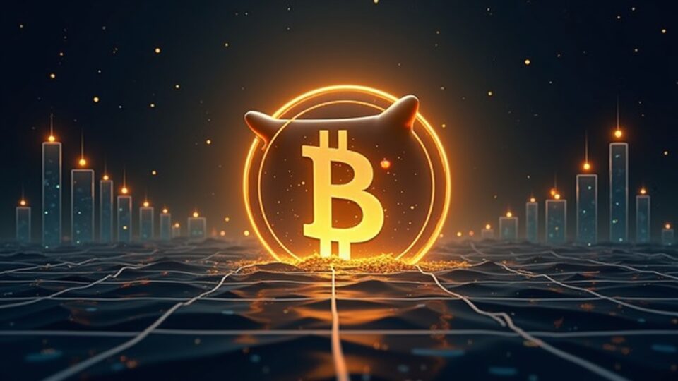 Photorealistic header with a giant whale silhouette behind a glowing Dogecoin logo, rising price bars, and a blockchain grid.