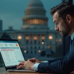 Photorealistic header: executive at desk with laptop showing a large ledger, Dogecoin badge, blurred federal building.