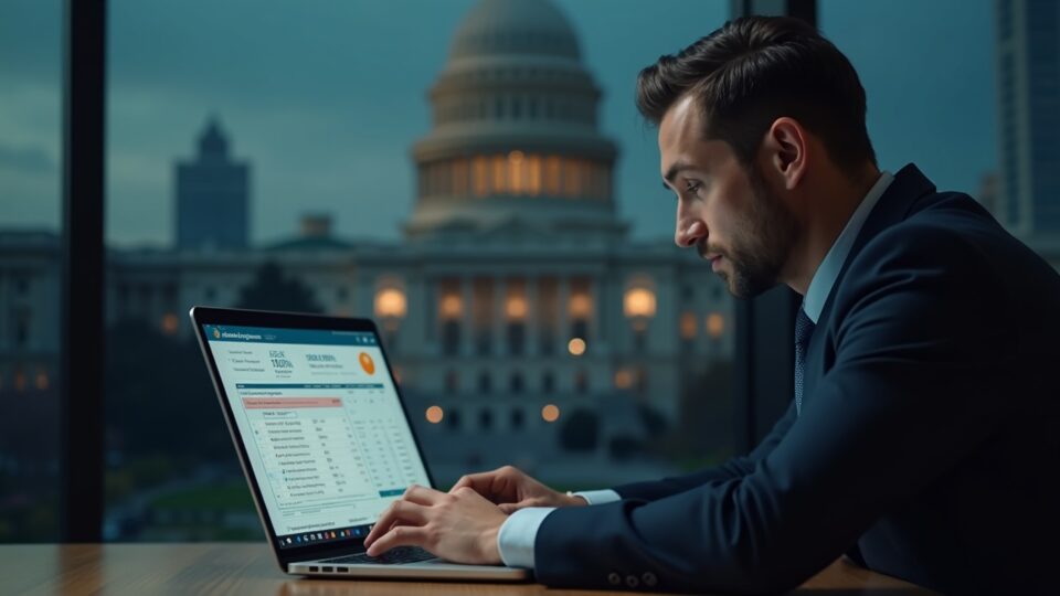 Photorealistic header: executive at desk with laptop showing a large ledger, Dogecoin badge, blurred federal building.