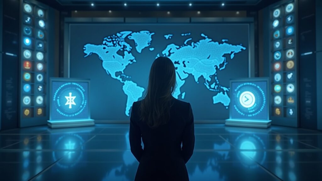 Photorealistic regulator in a sleek newsroom with crypto holograms and scales, symbolizing SEC-CFTC regulation.