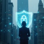 Professional studies a glowing Canton Network hologram with a privacy shield before a muted Wall Street skyline