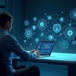 Finance professional at a sleek desk with holographic blockchain nodes and tokenized securities charts.