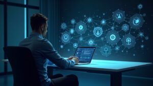 Finance professional at a sleek desk with holographic blockchain nodes and tokenized securities charts.