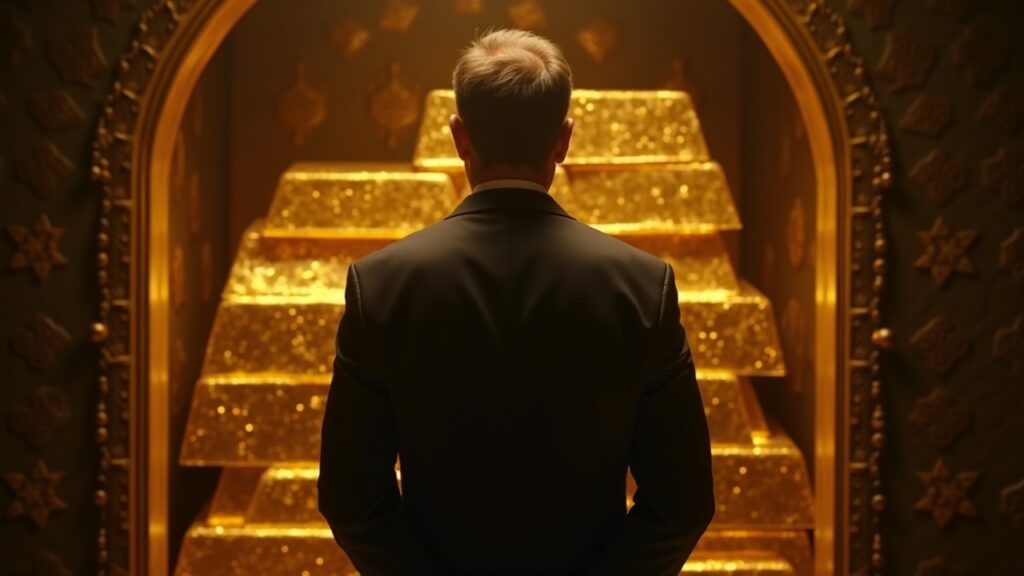Photoreal header: suited executive beside gold bars in a vault with a subtle blockchain overlay
