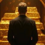 Photoreal header: suited executive beside gold bars in a vault with a subtle blockchain overlay