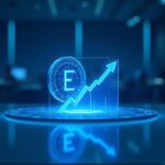 Photorealistic crypto newsroom header with ENA hologram, downward trend line, glass desk, and cool blue lighting.