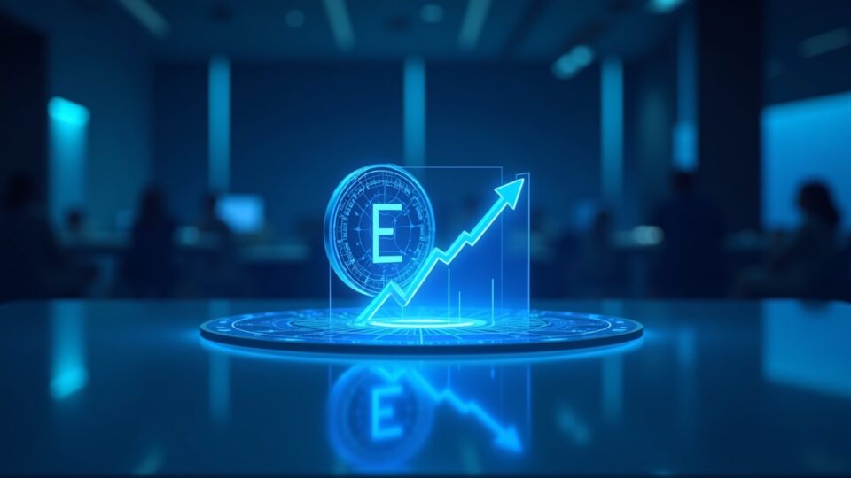 Photorealistic crypto newsroom header with ENA hologram, downward trend line, glass desk, and cool blue lighting.