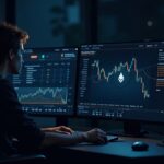 Photorealistic trader reviews ETH option payoffs on a sleek crypto dashboard with ETH logo and rising charts.