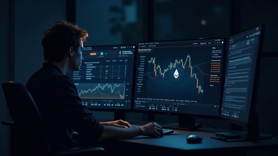 Photorealistic trader reviews ETH option payoffs on a sleek crypto dashboard with ETH logo and rising charts.