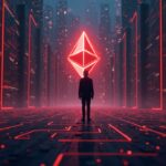 Institutional investor silhouette faces Ethereum and Bitcoin logos as red ETH outflows head toward a regulatory maze.