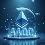Photorealistic Ethereum logo breaking a glass ceiling labeled 4400, with price charts and whale icons in a newsroom style.
