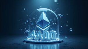 Photorealistic Ethereum logo breaking a glass ceiling labeled 4400, with price charts and whale icons in a newsroom style.