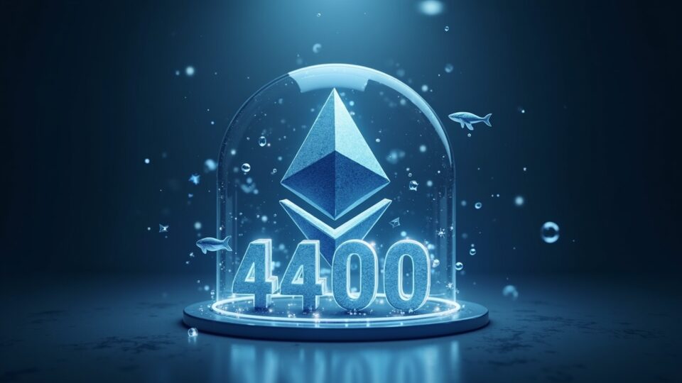 Photorealistic Ethereum logo breaking a glass ceiling labeled 4400, with price charts and whale icons in a newsroom style.