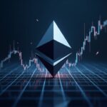 Photorealistic Ethereum logo breaking out of a tightening price chart on a grid, signaling disruption and DeFi.