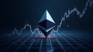 Photorealistic Ethereum logo breaking out of a tightening price chart on a grid, signaling disruption and DeFi.