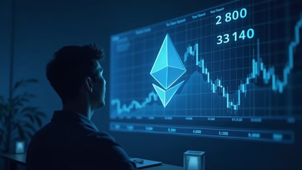 Analyst viewing holographic Ethereum price chart showing 2,800-3,400 with Fusaka symbol and decentralization motifs.
