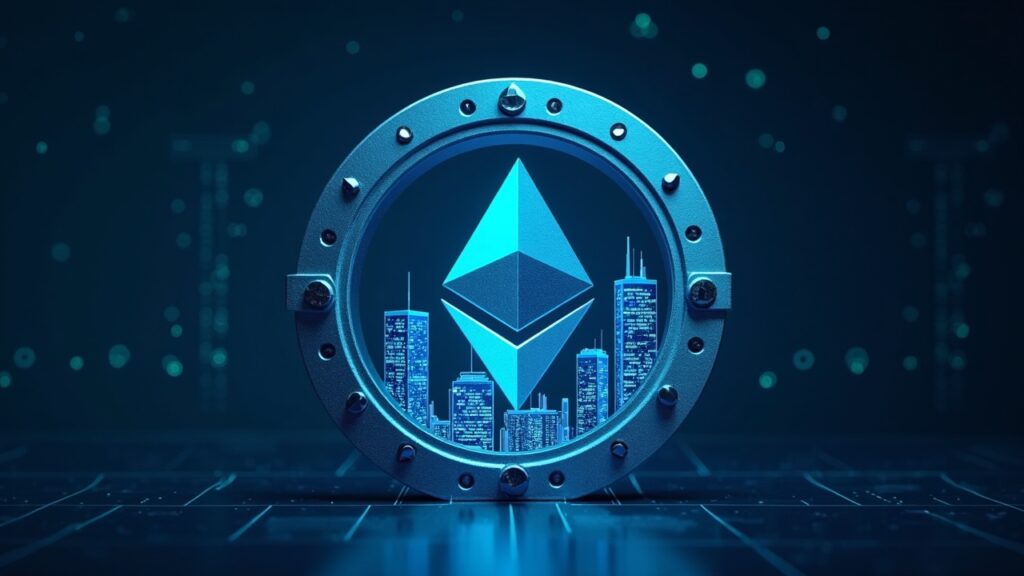 Giant Ethereum logo locked inside a transparent digital vault, with data centers and a corporate skyline.