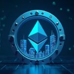 Giant Ethereum logo locked inside a transparent digital vault, with data centers and a corporate skyline.